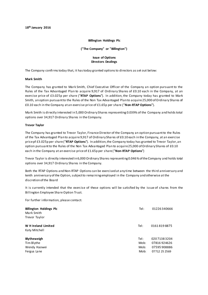 Regulatory Announcement – Directors Dealings