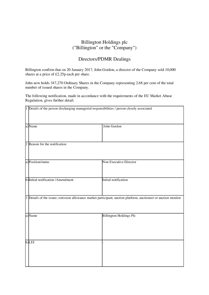 Regulatory Announcement – Directors/PDMR Dealings