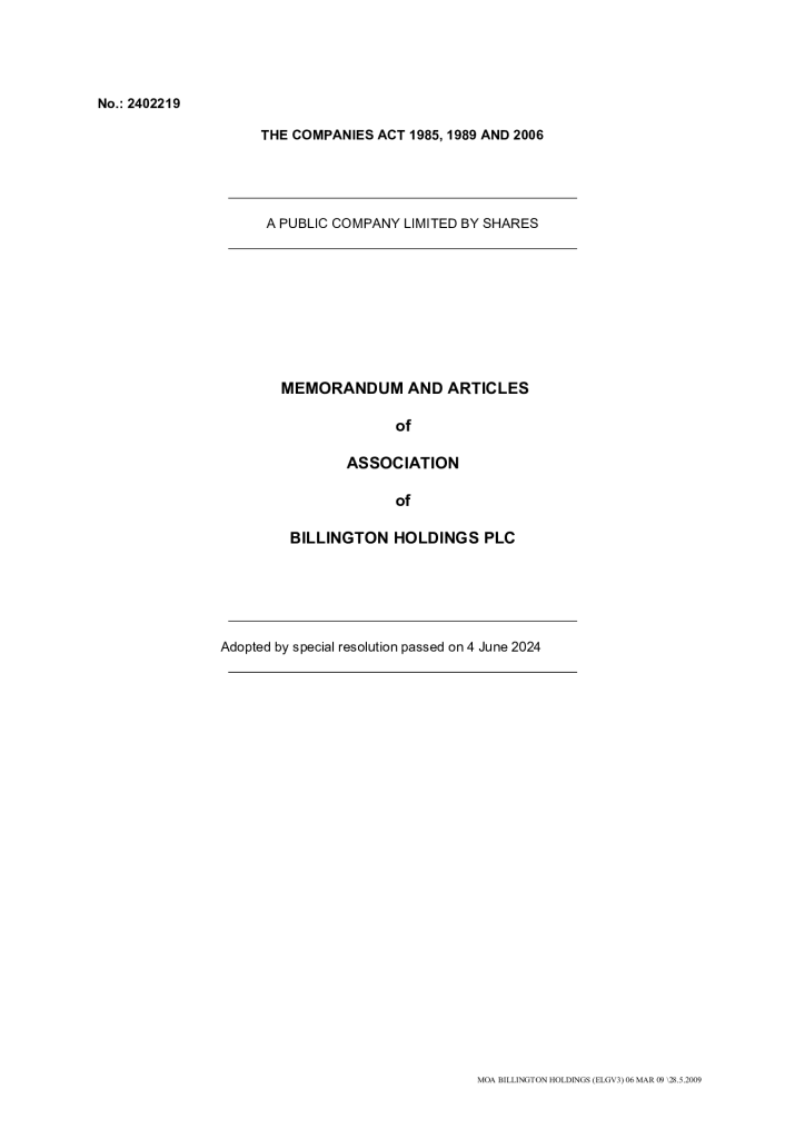 Billington Holdings Plc articles of association – Final Amended 4 June 2024