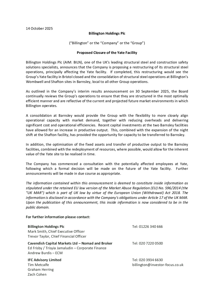 Proposed Closure of the Yate Facility