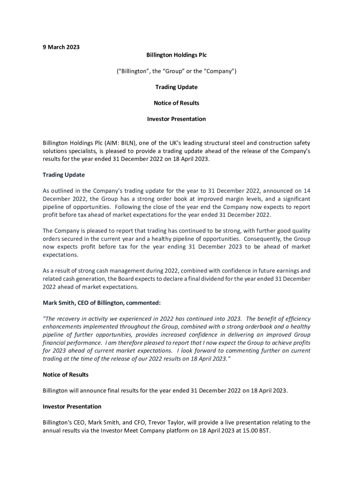 Trading Update and notice of results