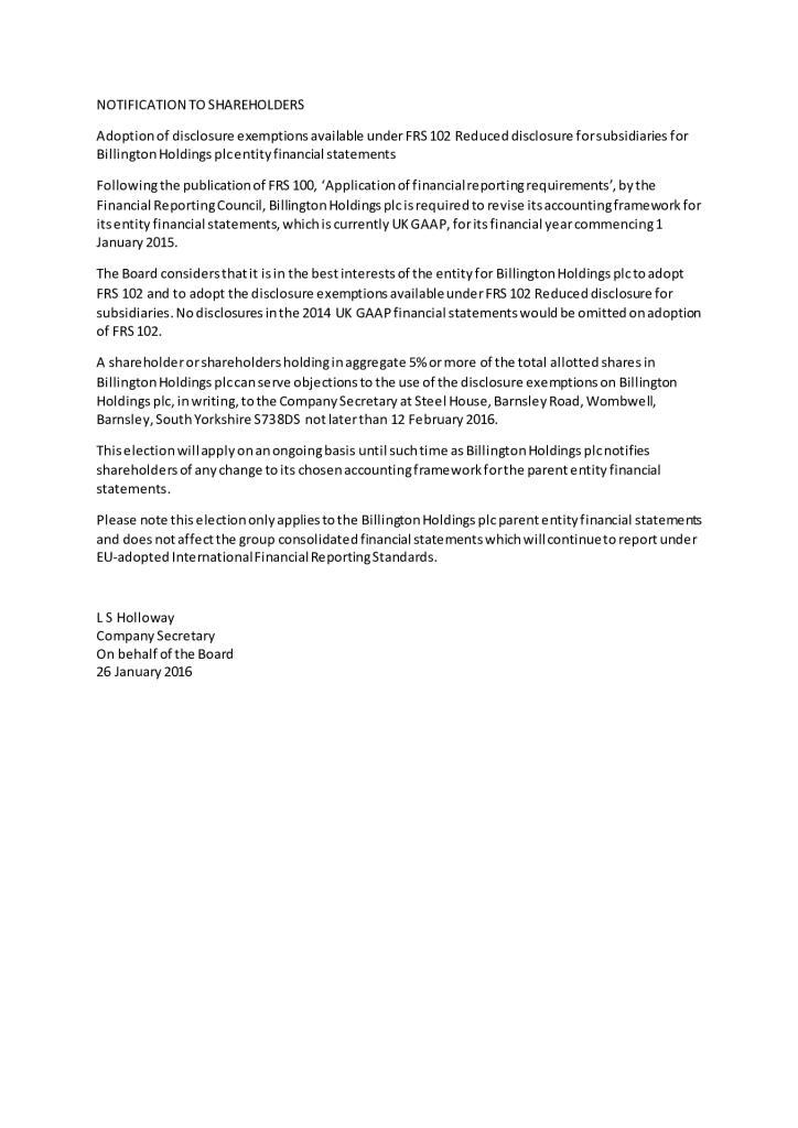 FRS102 – Notification to Shareholders