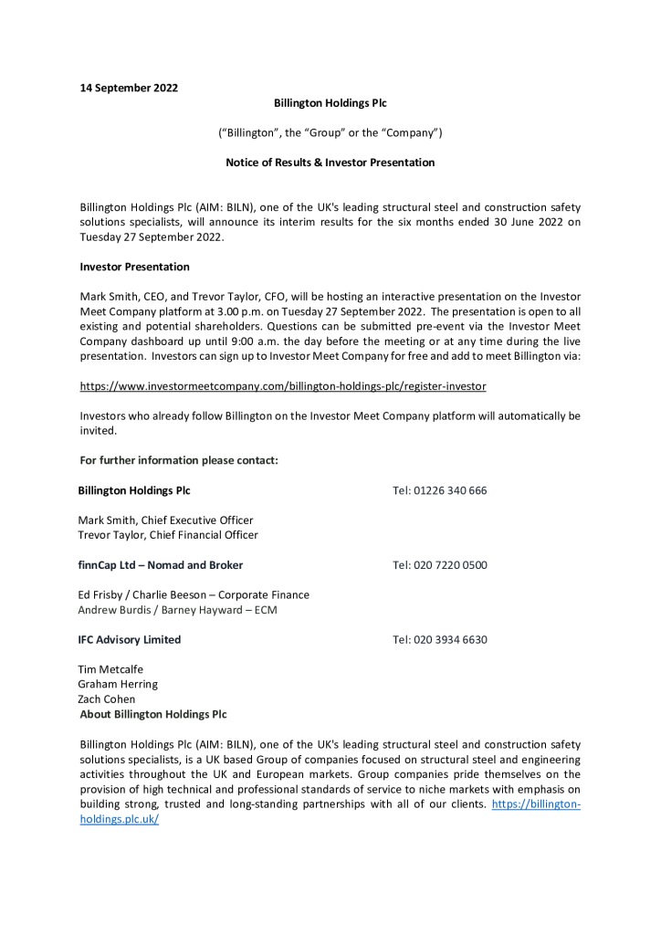 Notice of Results Investor Presentation