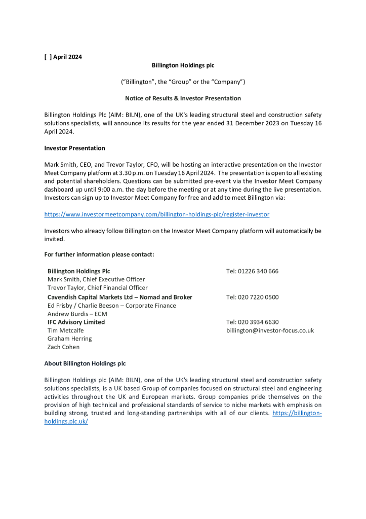 Notice of Results & Investor Presentation