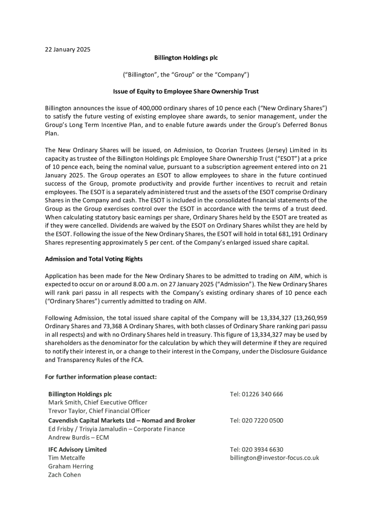 Issue of Equity to Employee Share Ownership Trust