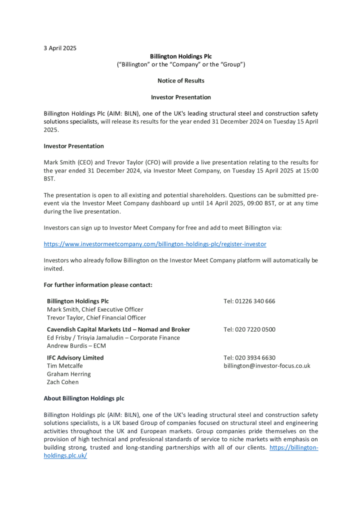 Notice of Results & Investor Presentation