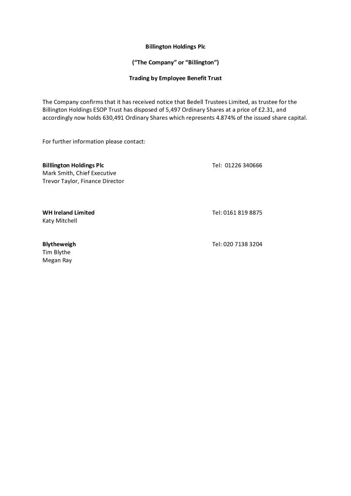 Trading by Employee Benefit Trust