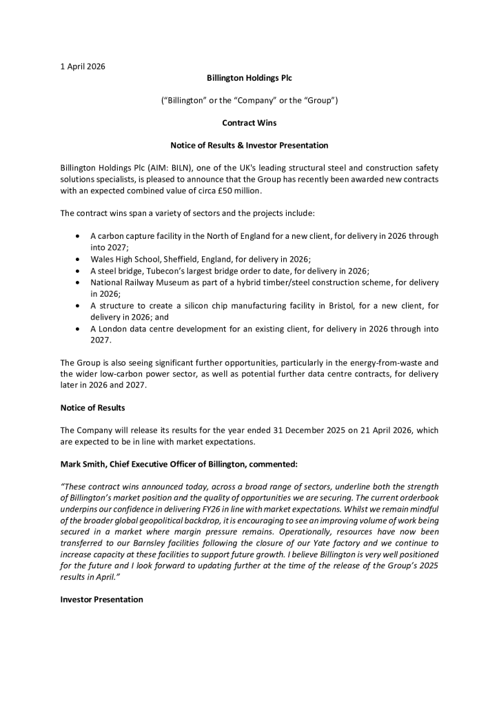 Contract Wins & Notice of Results