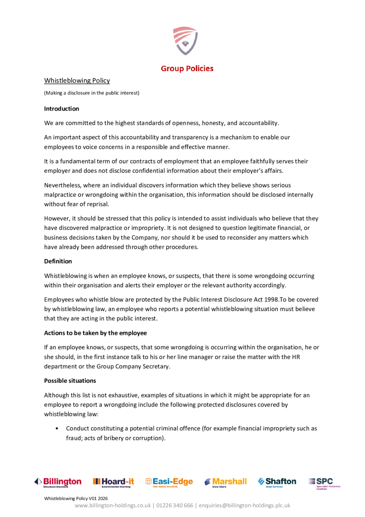 Group Whistlebowing Policy