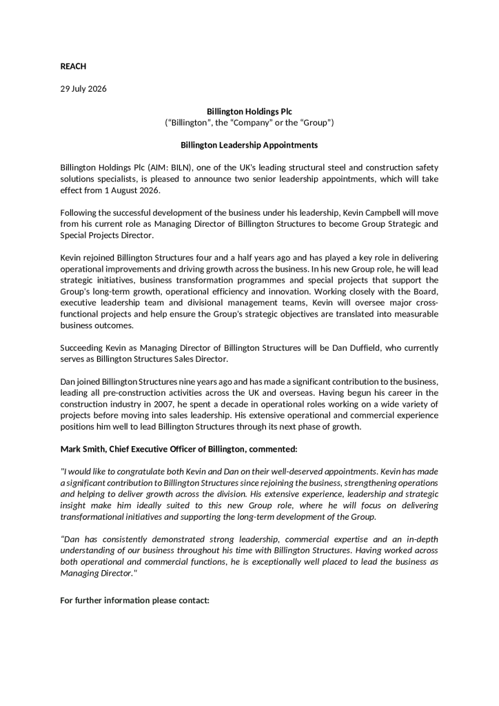 Billington Leadership Appointments