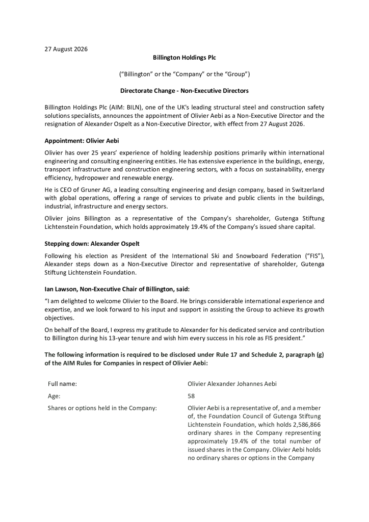 Directorate Change - Non-Executive Directors