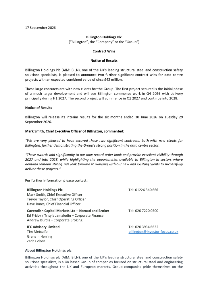 Contract Wins and Notice of Results